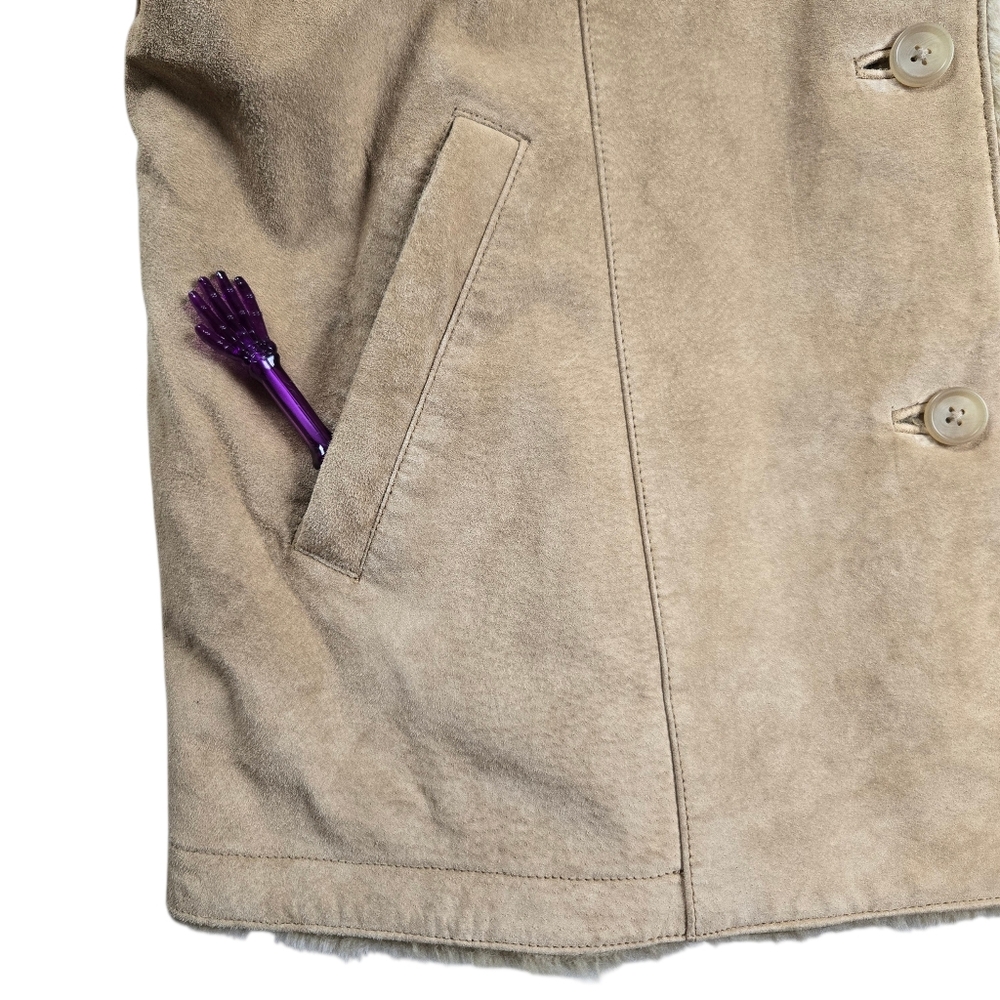 Eddie Bauer Genuine Leather Tan Jacket Button Front Y2K Faux Shearling Lined XL - Picture 5 of 15